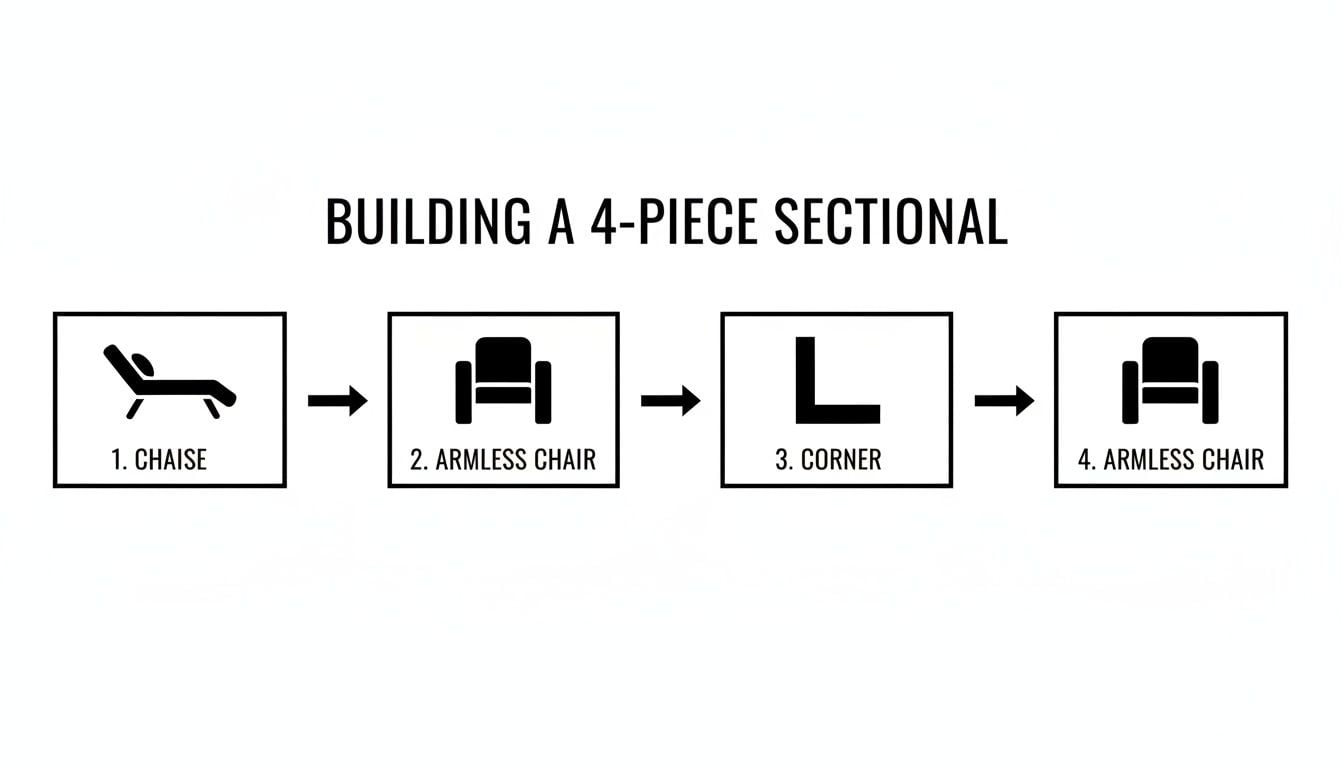 Diagram illustrating how to build a 4-piece sectional sofa with chaise, two armless chairs, and a corner.