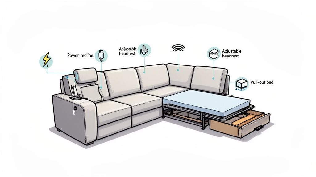 Modern sectional sofa diagram illustrating power recline, USB port, adjustable headrests, and a hidden pull-out bed.