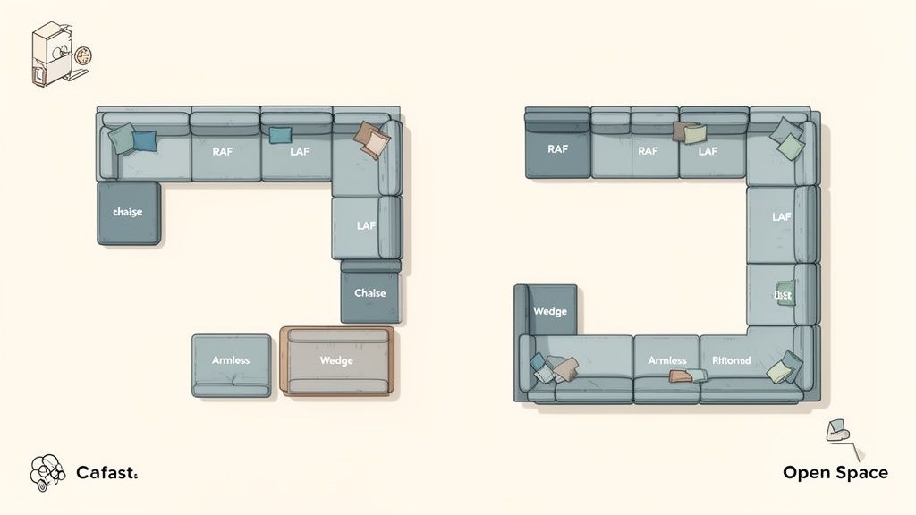 Two different overhead views of modular sectional sofas in L-shape and U-shape configurations with labeled pieces.