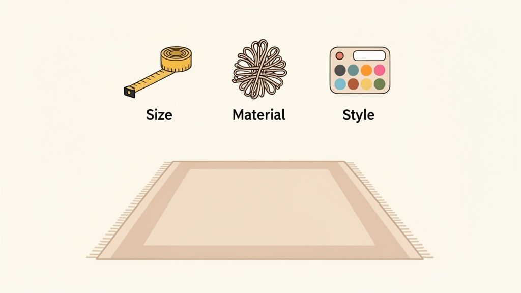 Icons for size, material, and style above a beige rectangular rug, illustrating rug selection factors.