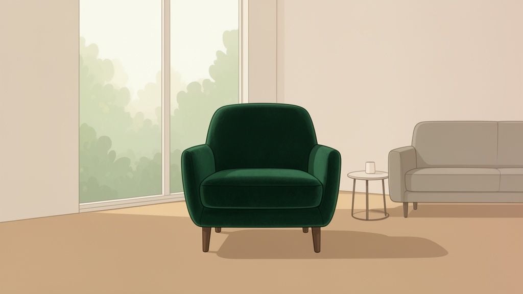 A stylish dark green velvet accent chair sits prominently in a bright, minimalist living room.