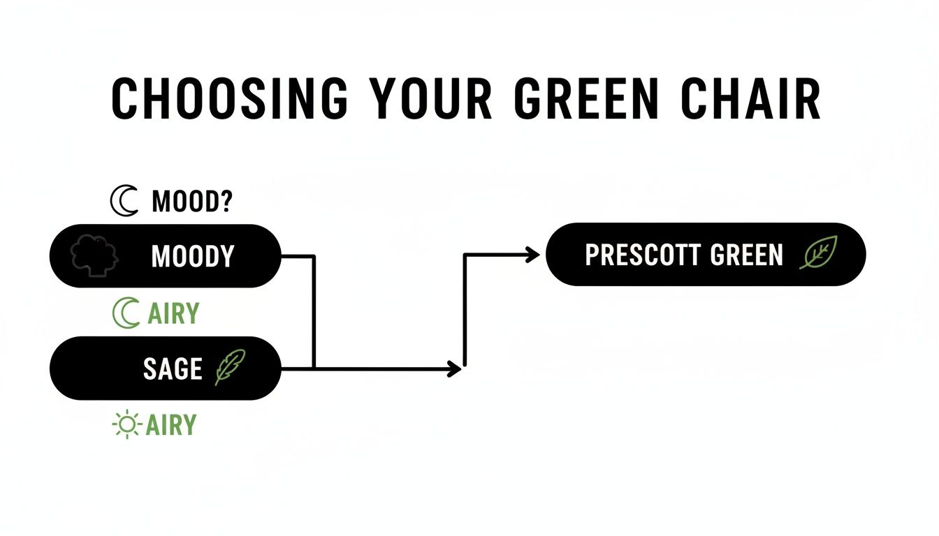 Flowchart guiding the selection of a green chair, offering 'Moody' or 'Airy' options, both leading to 'Prescott Green'.