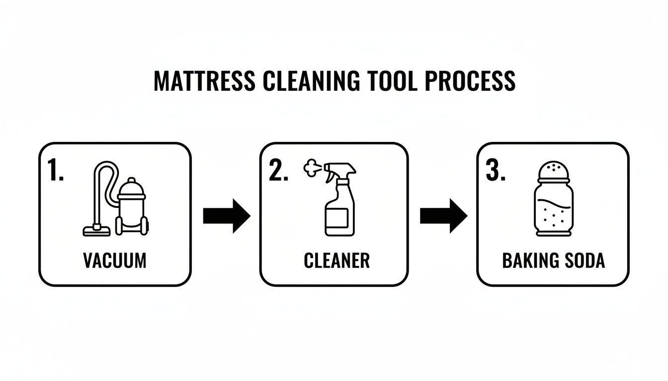A step-by-step diagram illustrating mattress cleaning: 1. Vacuum, 2. Cleaner spray bottle, 3. Baking soda shaker.