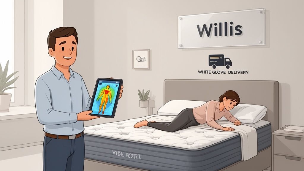 A man holds a tablet displaying a body heatmap while a woman tests a mattress.
