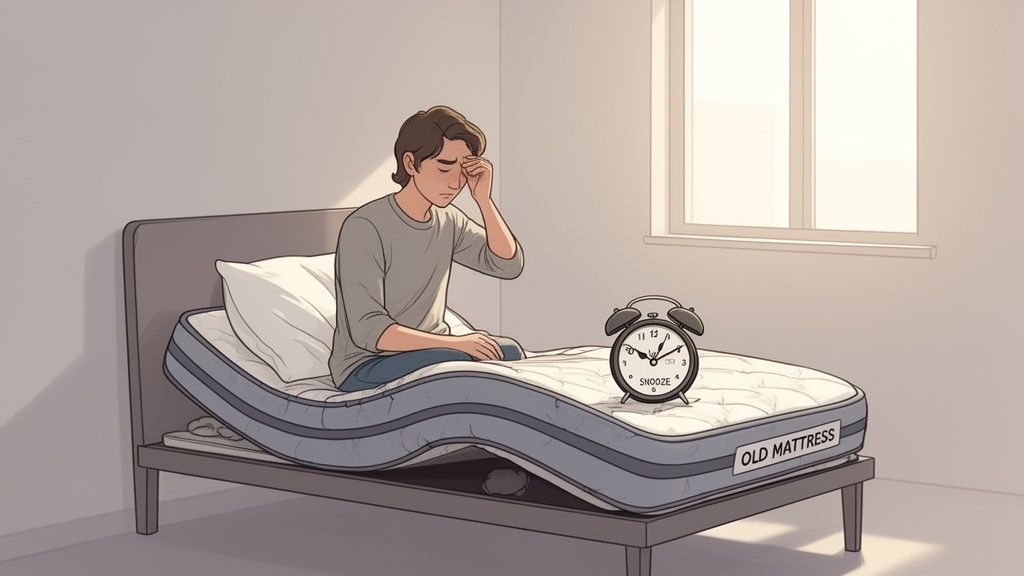 A tired person sits on a deeply saggy old mattress next to an alarm clock, indicating poor sleep.