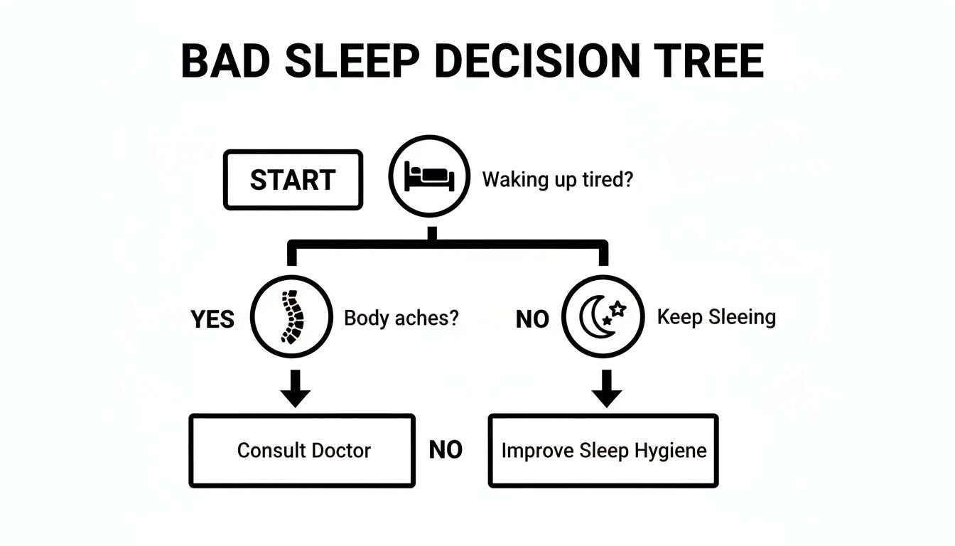 A decision tree flowchart titled 'Bad Sleep Decision Tree' guiding actions based on sleep symptoms.