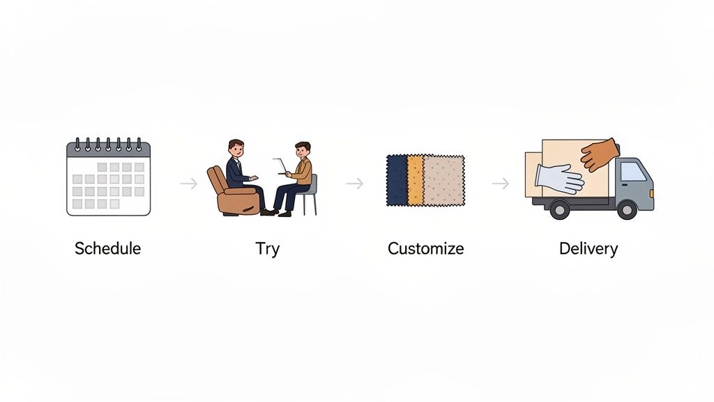 A four-step furniture purchase process: schedule appointment, try product, customize options, and delivery.