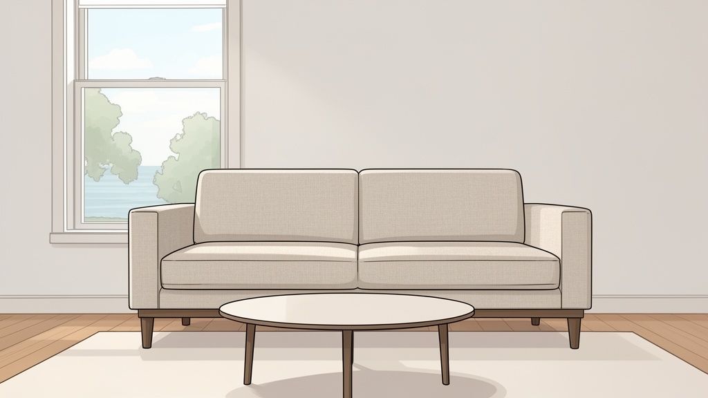 A modern living room with a beige track arm sofa, round coffee table, and window.