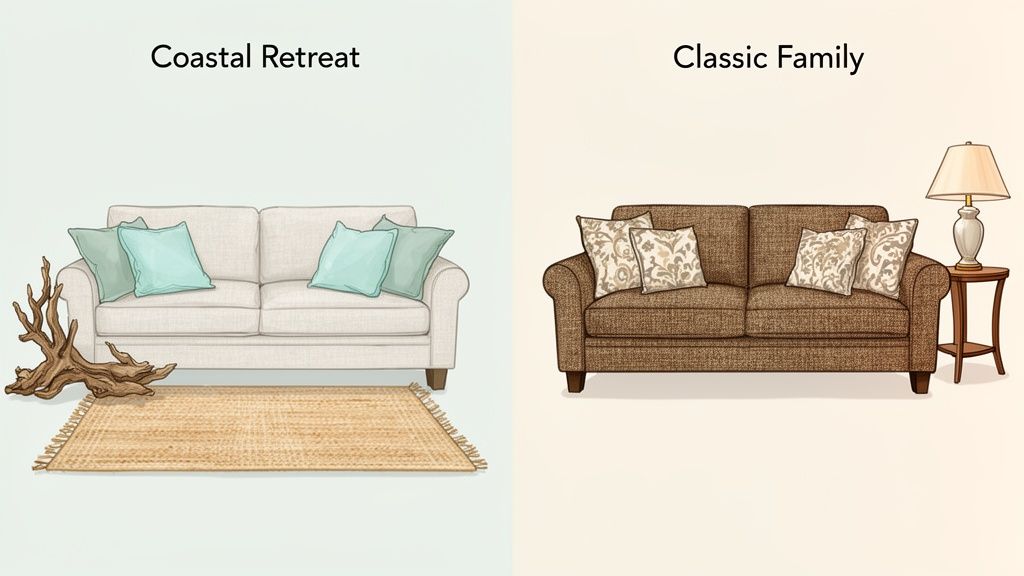 Two distinct living room setups comparing coastal retreat and classic family sofa styles.