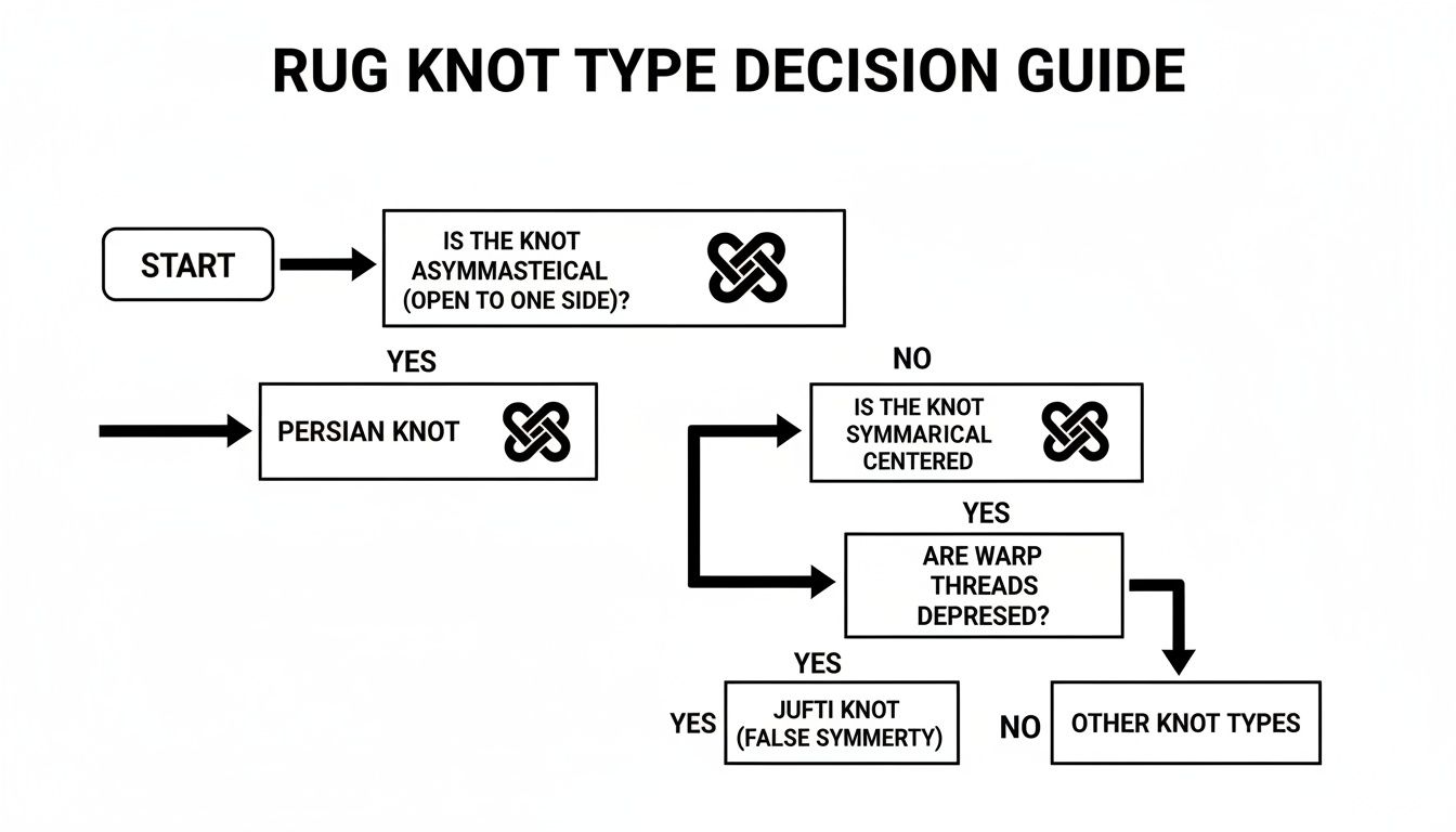 Flowchart guiding the decision-making process for identifying different rug knot types.