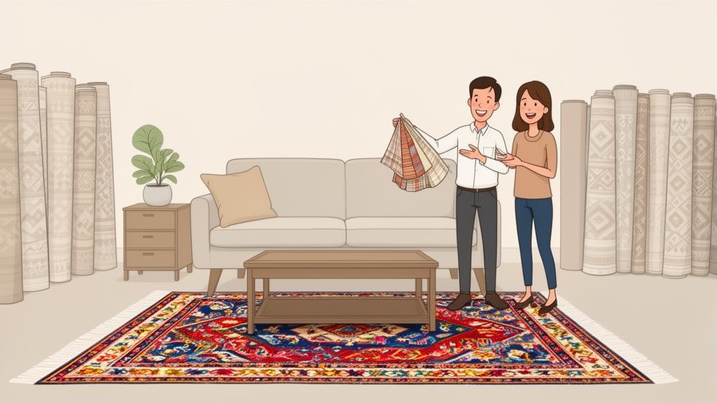 A smiling couple discusses fabric samples in a rug showroom with rolled rugs and a vibrant patterned floor rug.