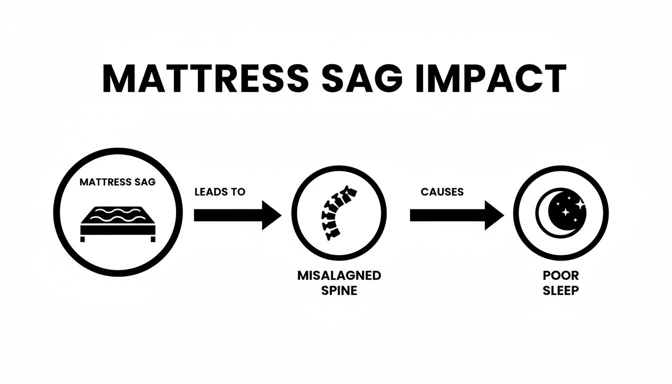 Flowchart showing mattress sag leads to a misaligned spine, which causes poor sleep.