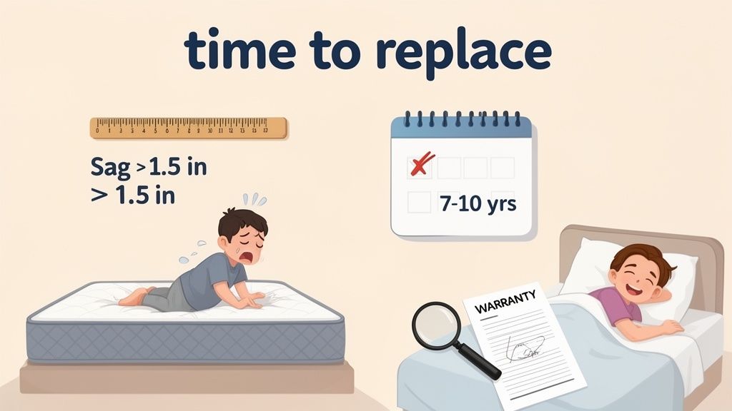 Illustration detailing when to replace a mattress due to sag greater than 1.5 inches, age (7-10 years), or warranty.