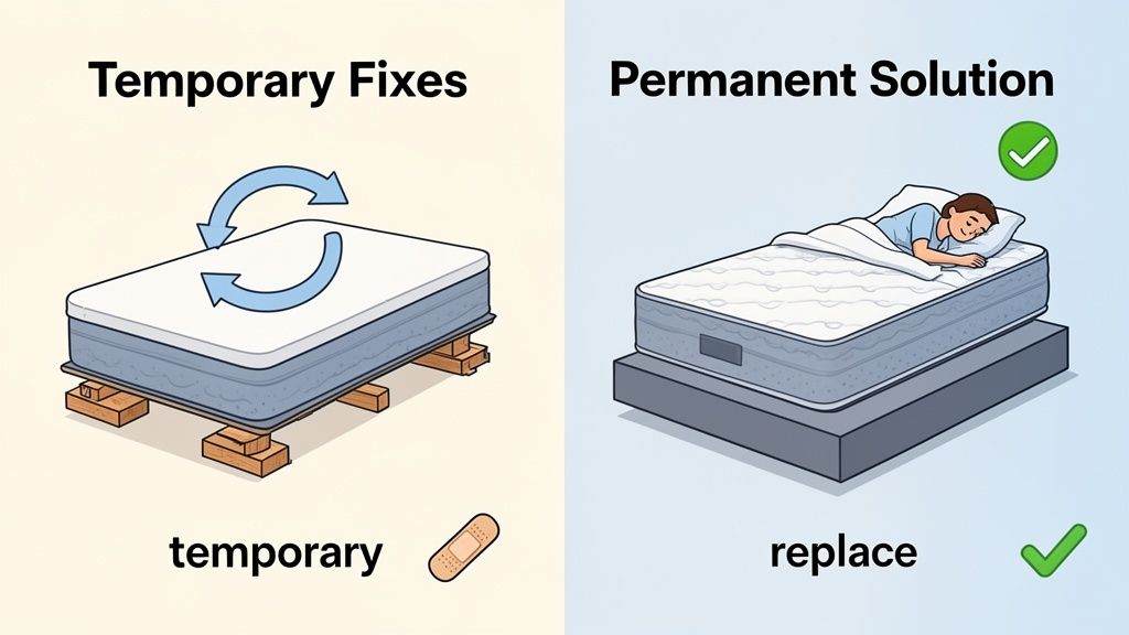 Illustration comparing temporary mattress fixes like rotating and supporting with a permanent solution of replacing the mattress.