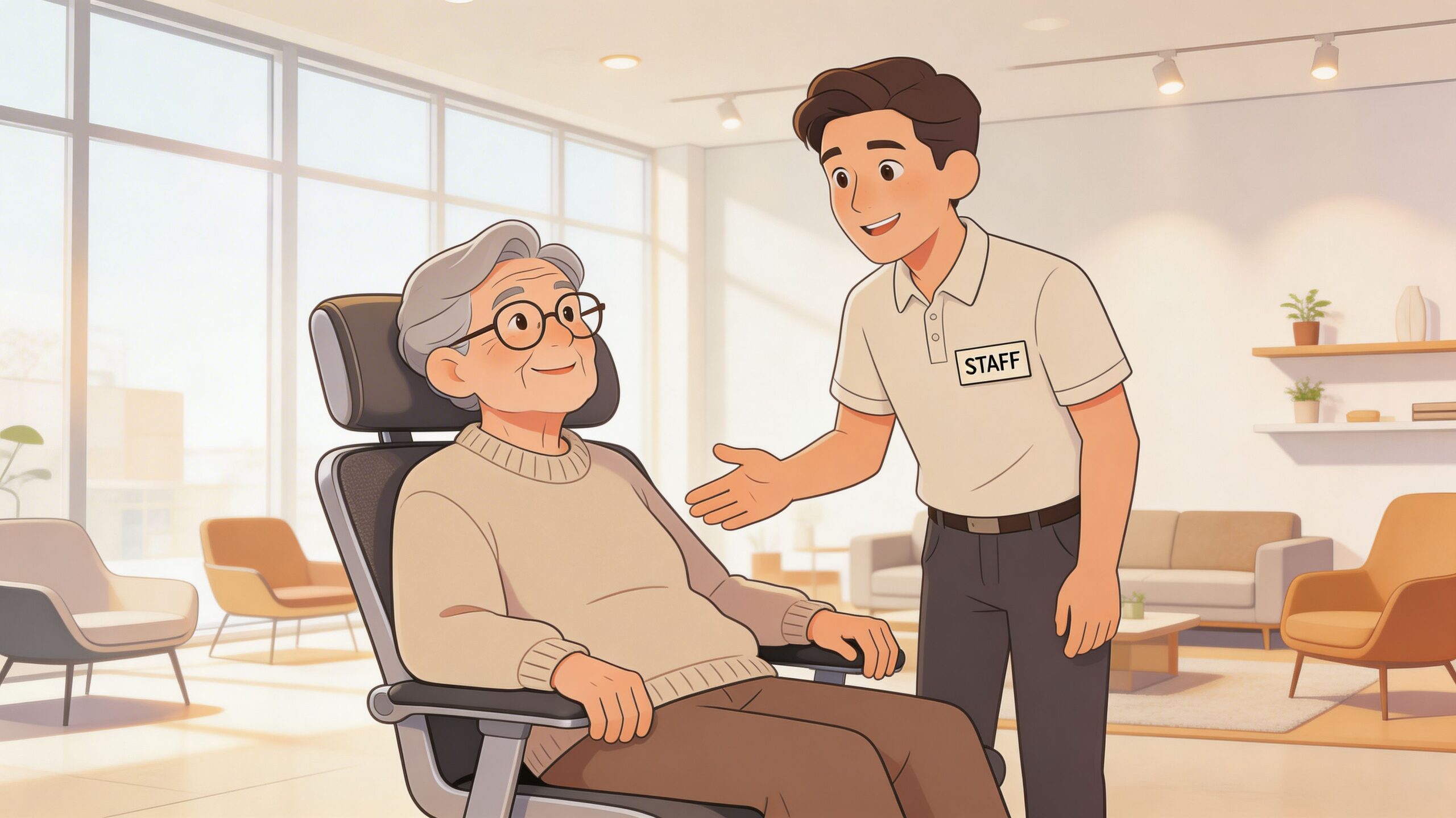 A friendly staff member assisting an elderly person seated comfortably in a supportive chair for recovery.