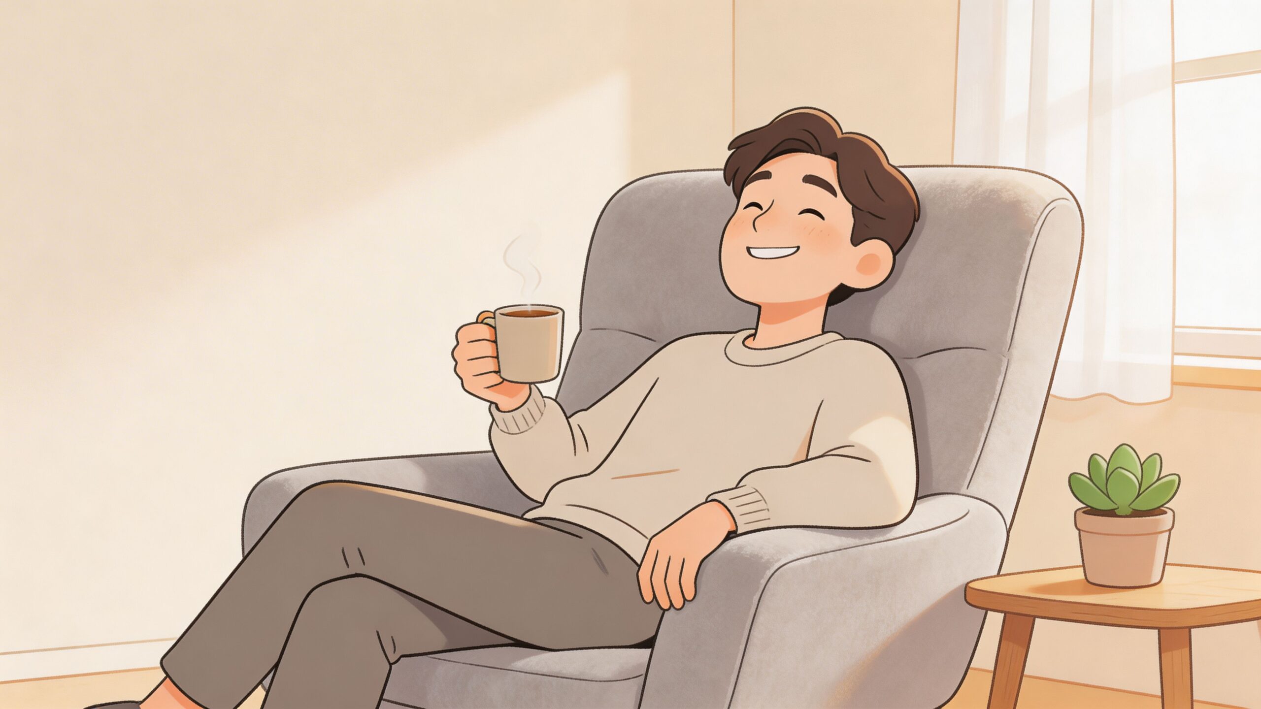 A happy man sitting comfortably in a soft armchair while holding a steaming cup of coffee.