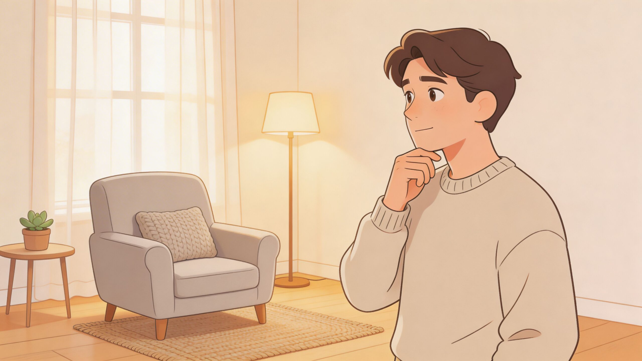 A young man standing in a cozy room, contemplating near a comfortable armchair for recovery purposes.