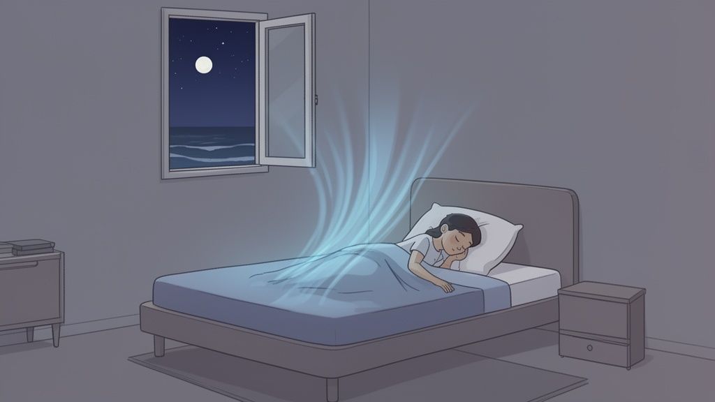 A person sleeps soundly in bed with cool blue air flowing over them, by an open window at night.