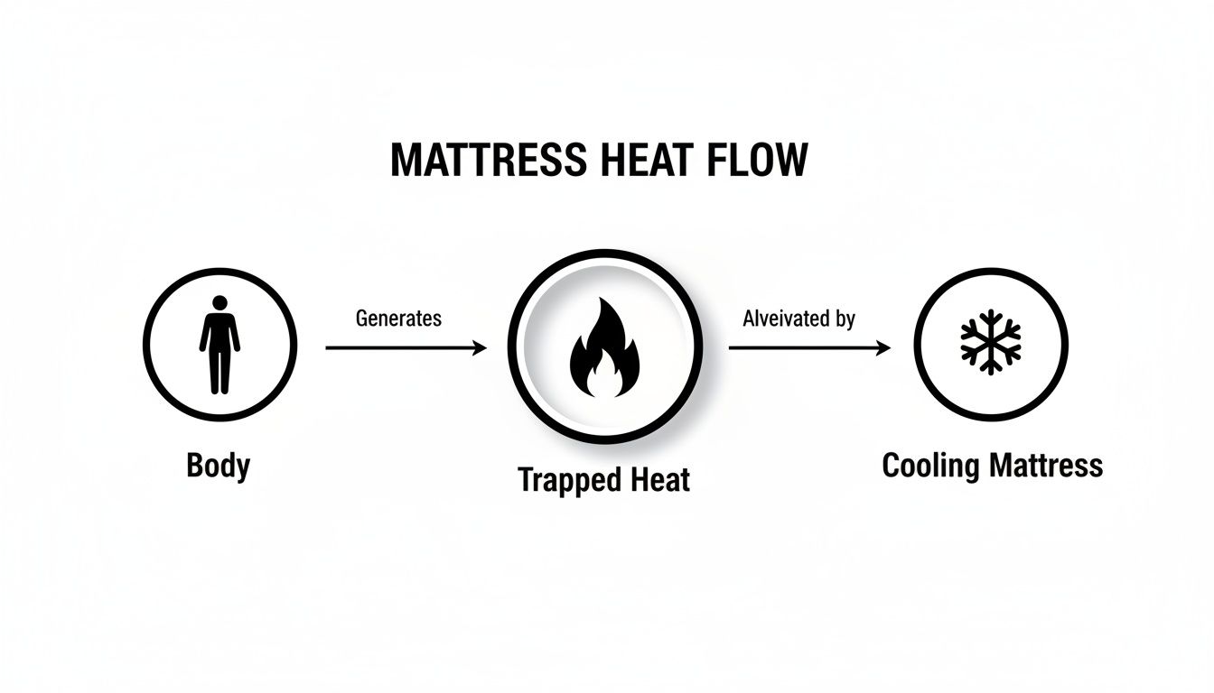 Diagram illustrates the mattress heat flow: body generates trapped heat alleviated by a cooling mattress.
