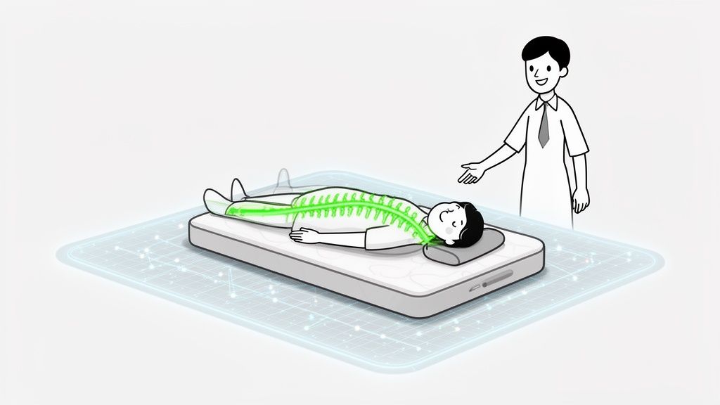 A man lies on a smart mattress with a glowing spine, while another man explains its technology.