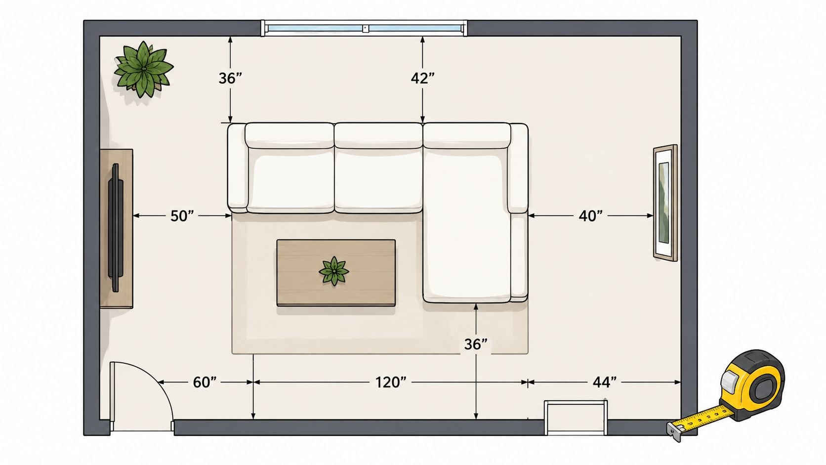 Top-down floor plan diagram of a living room showcasing a white sectional sofa with dimensions marked.