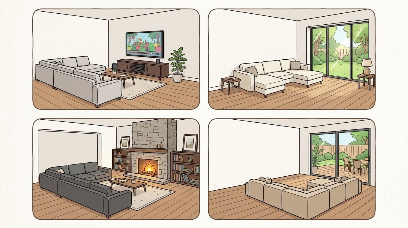 A split image showing four different living room layouts featuring various sectional sofa configurations.