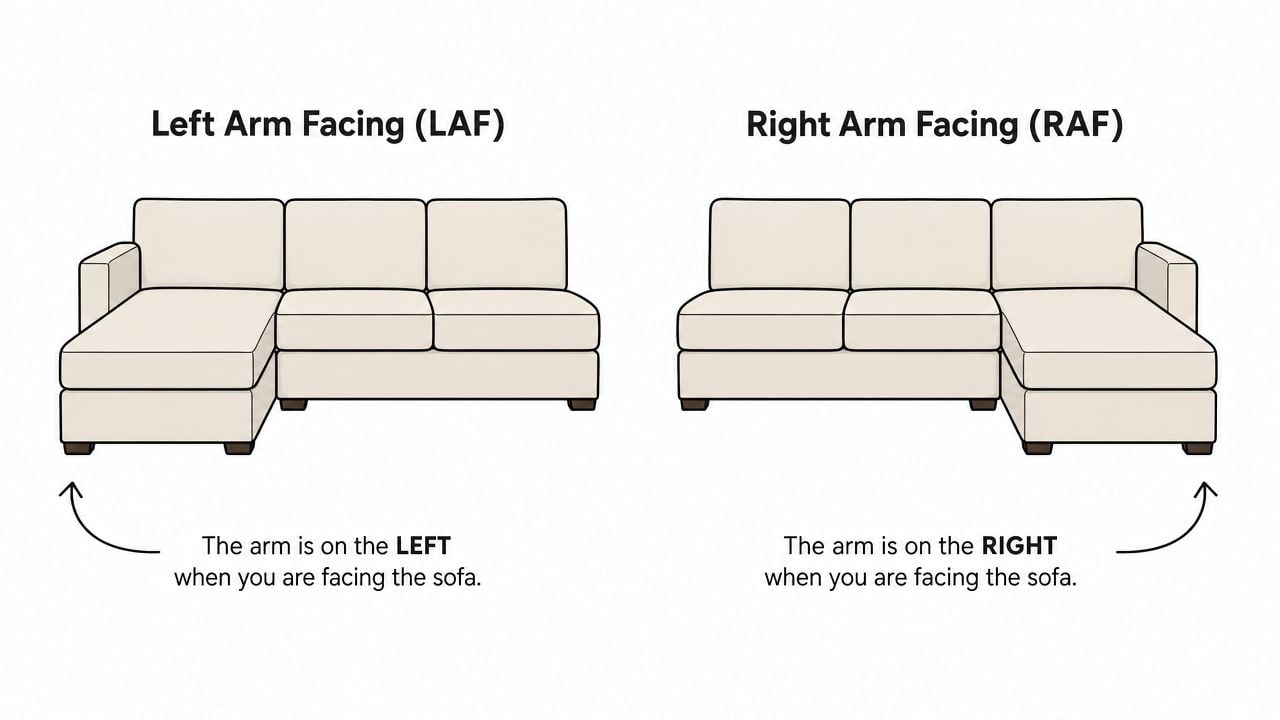 A diagram comparing a left arm facing sectional and a right arm facing sectional sofa.