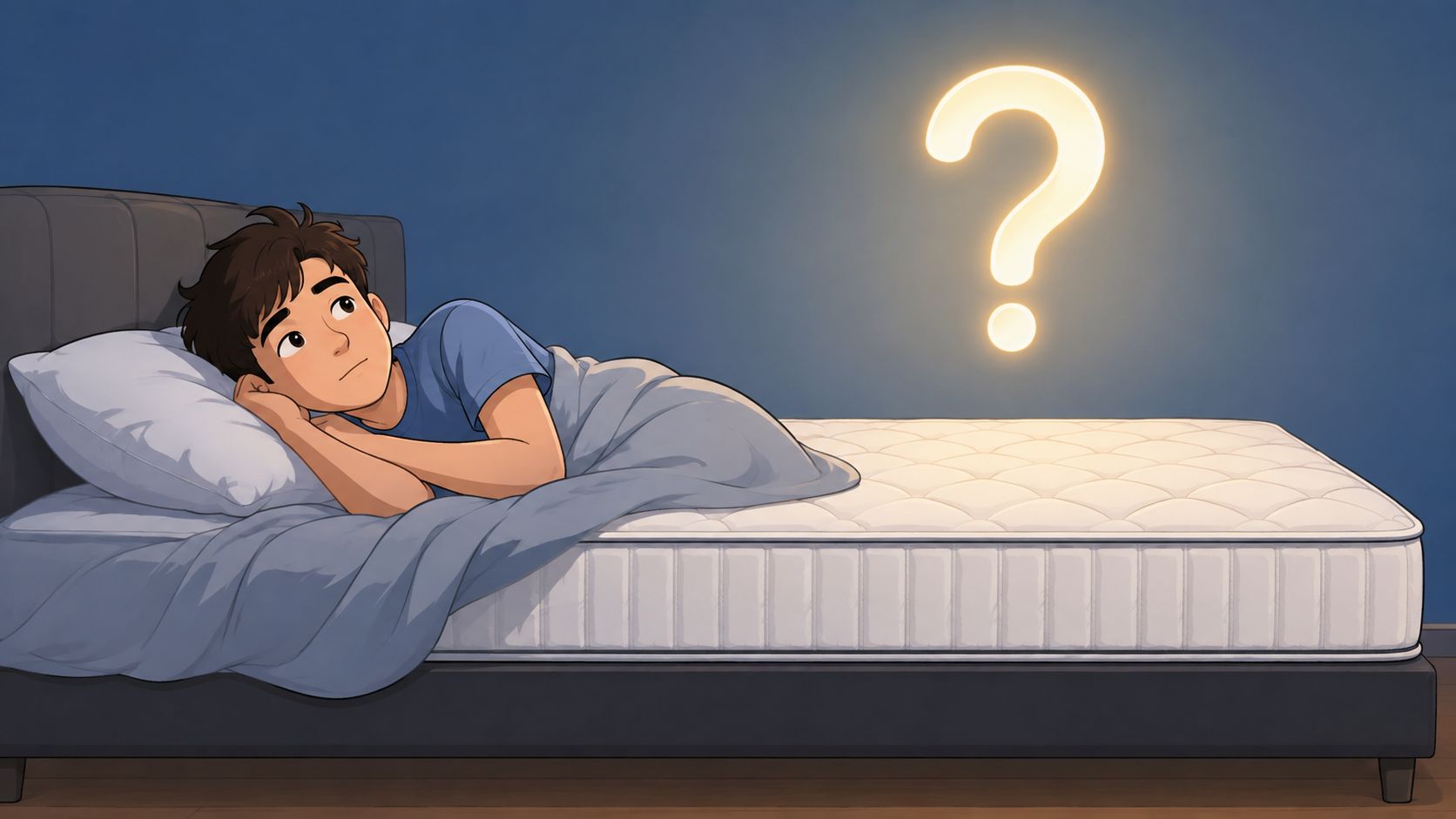 A young man lying on a bed pondering his mattress choice with a glowing question mark above.