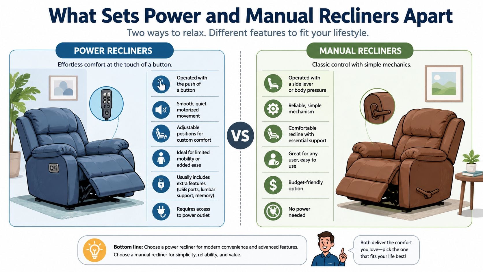 A comparison chart showing the key differences between power recliners and manual recliners for home seating.