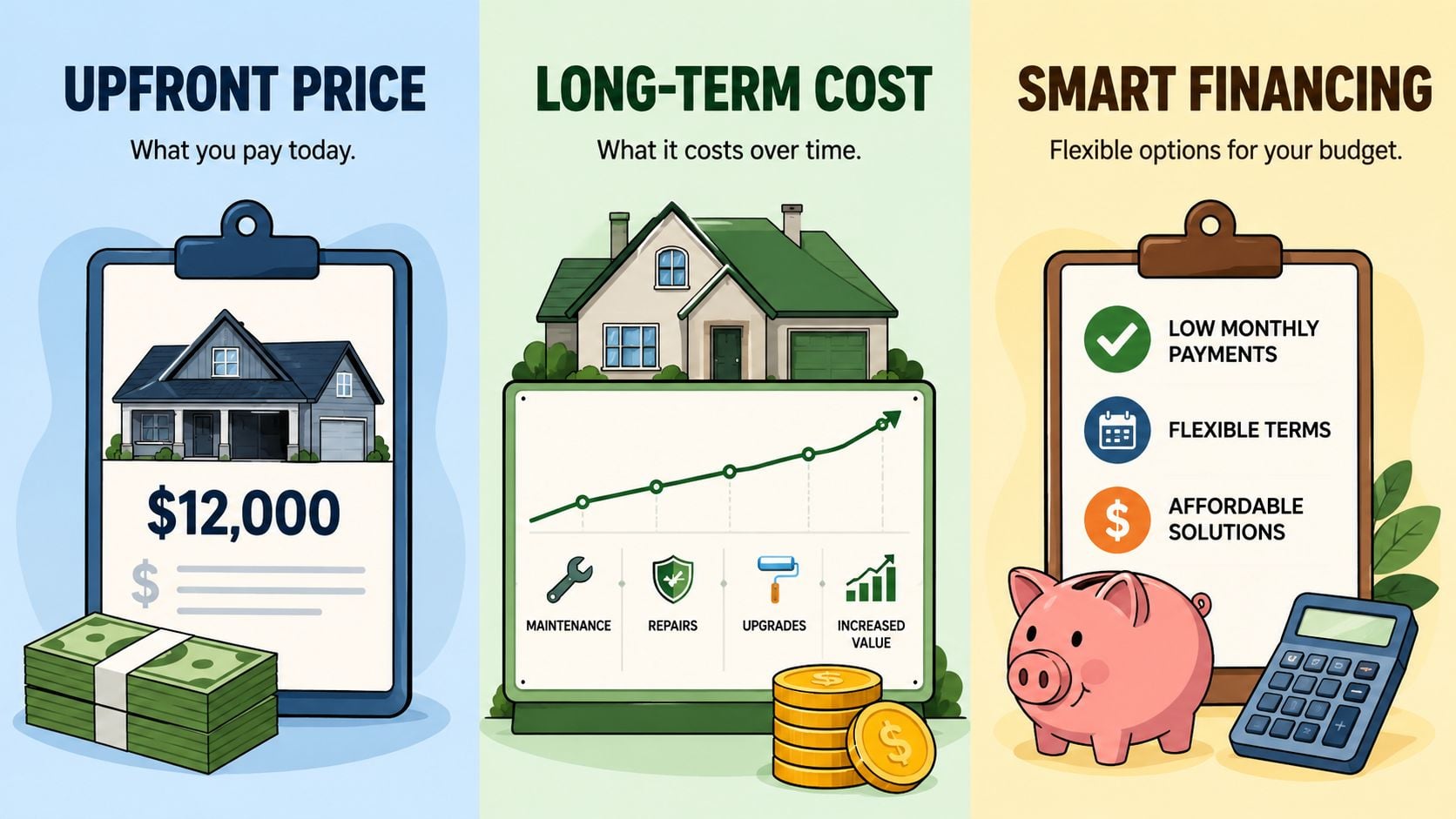 An infographic showing financial considerations of home improvement including upfront pricing, long-term costs, and smart financing options.