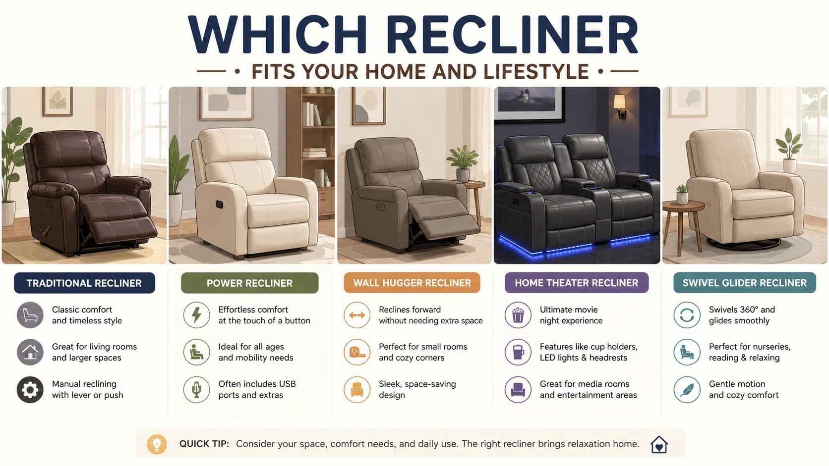 A comparison guide showcasing five different types of recliners including traditional, power, wall hugger, home theater, and swivel gliders.