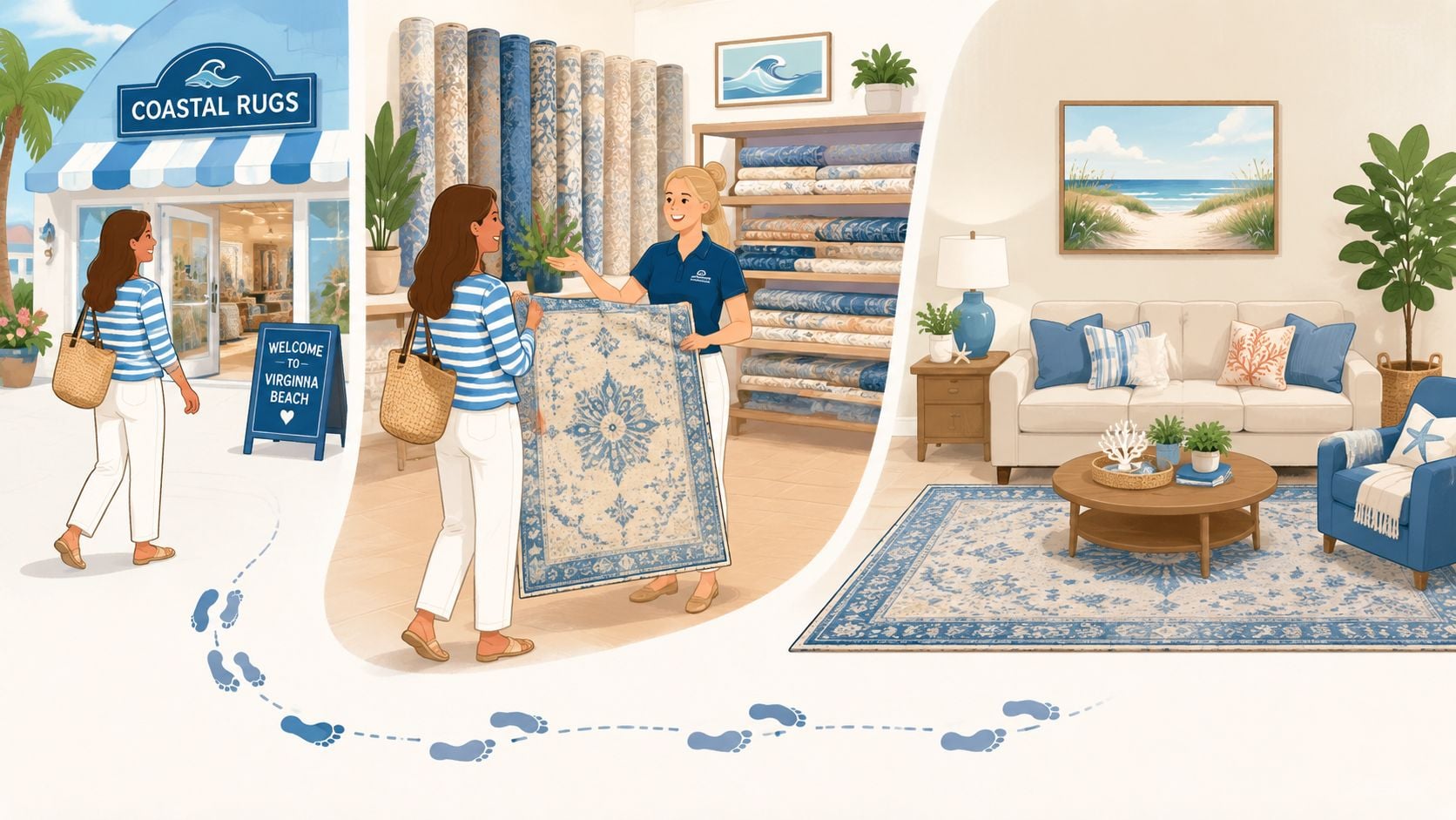 A woman shopping for hand-tufted area rugs in a coastal-themed store and viewing them in a living room.