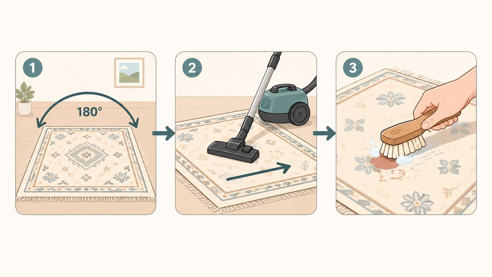 A three-step illustration showing how to clean a floral-patterned hand tufted area rug using vacuuming and scrubbing.