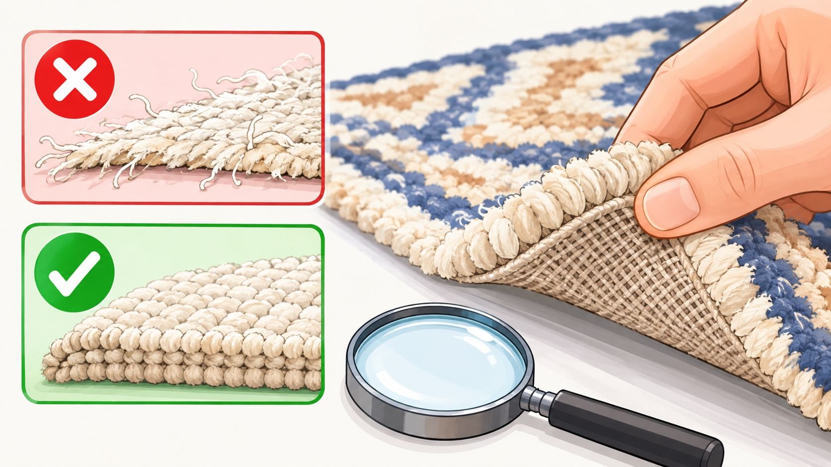 A magnifying glass inspecting the quality of a hand tufted area rug with a comparison chart