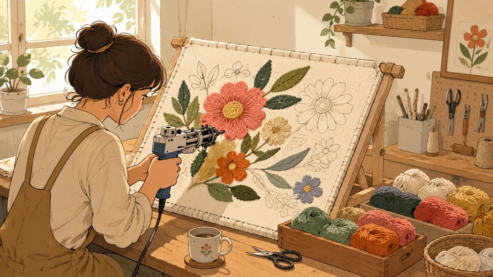 A young artist carefully uses a tufting gun to create a detailed floral design on a canvas frame.