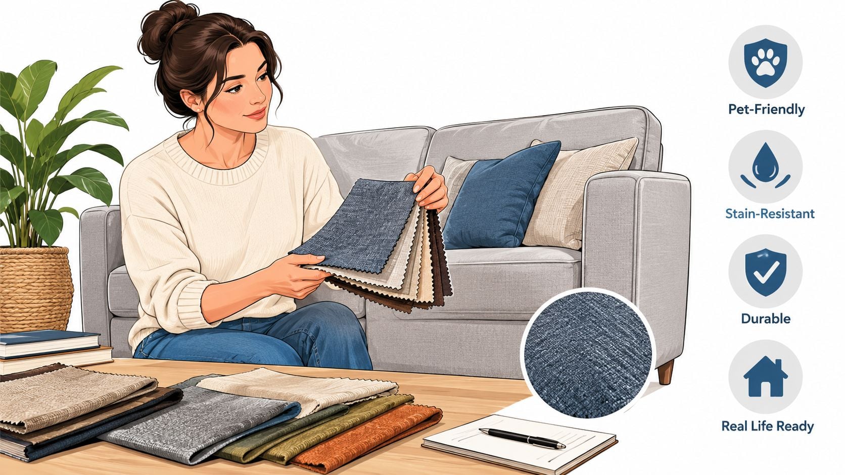 A woman choosing fabric swatches for a new sofa, highlighting features like pet-friendly and stain-resistant materials.