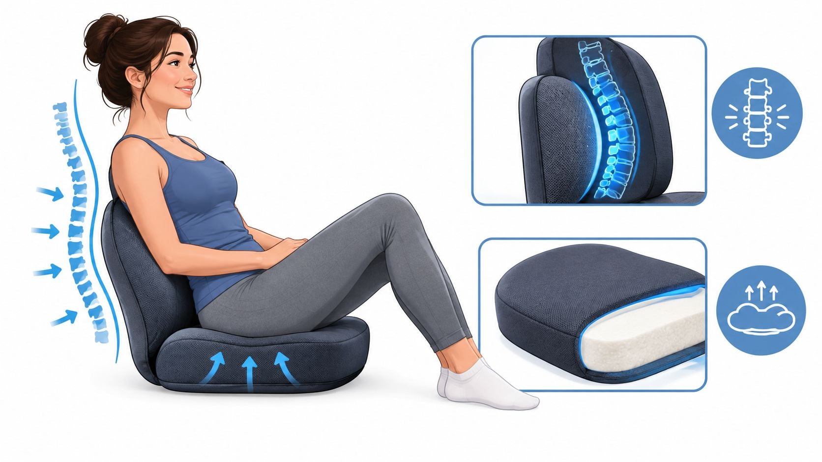 A woman sitting on an ergonomic floor chair designed to support spinal alignment and provide comfort.