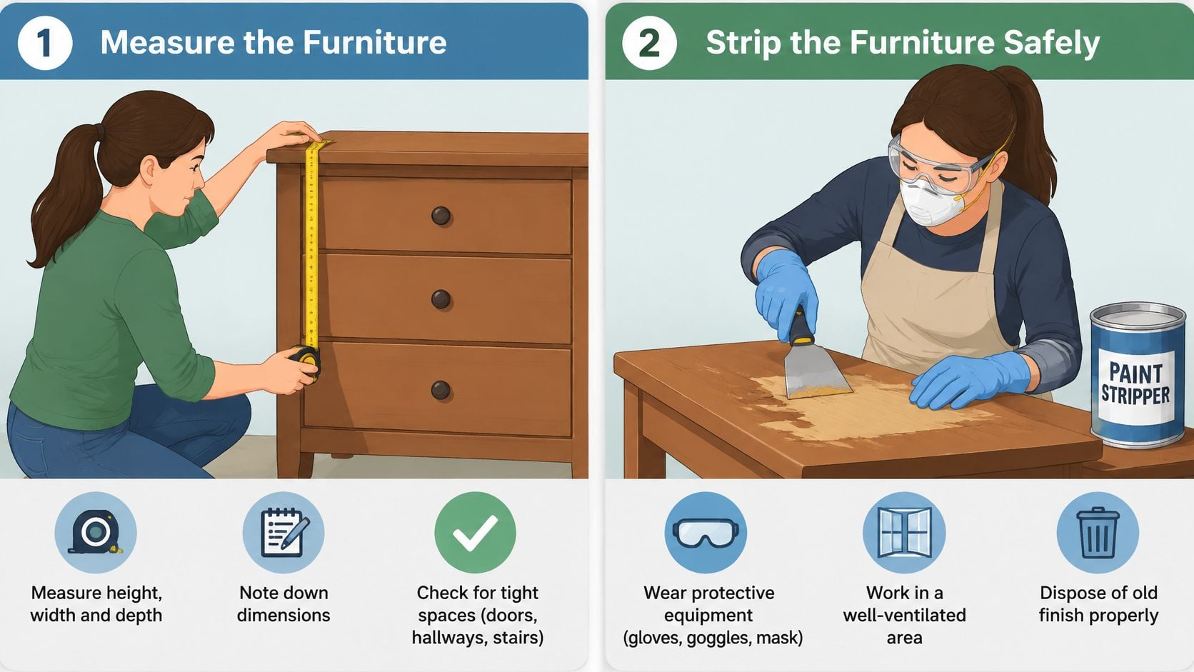 A two-step infographic demonstrating how to measure furniture and safely strip its finish for restoration projects.