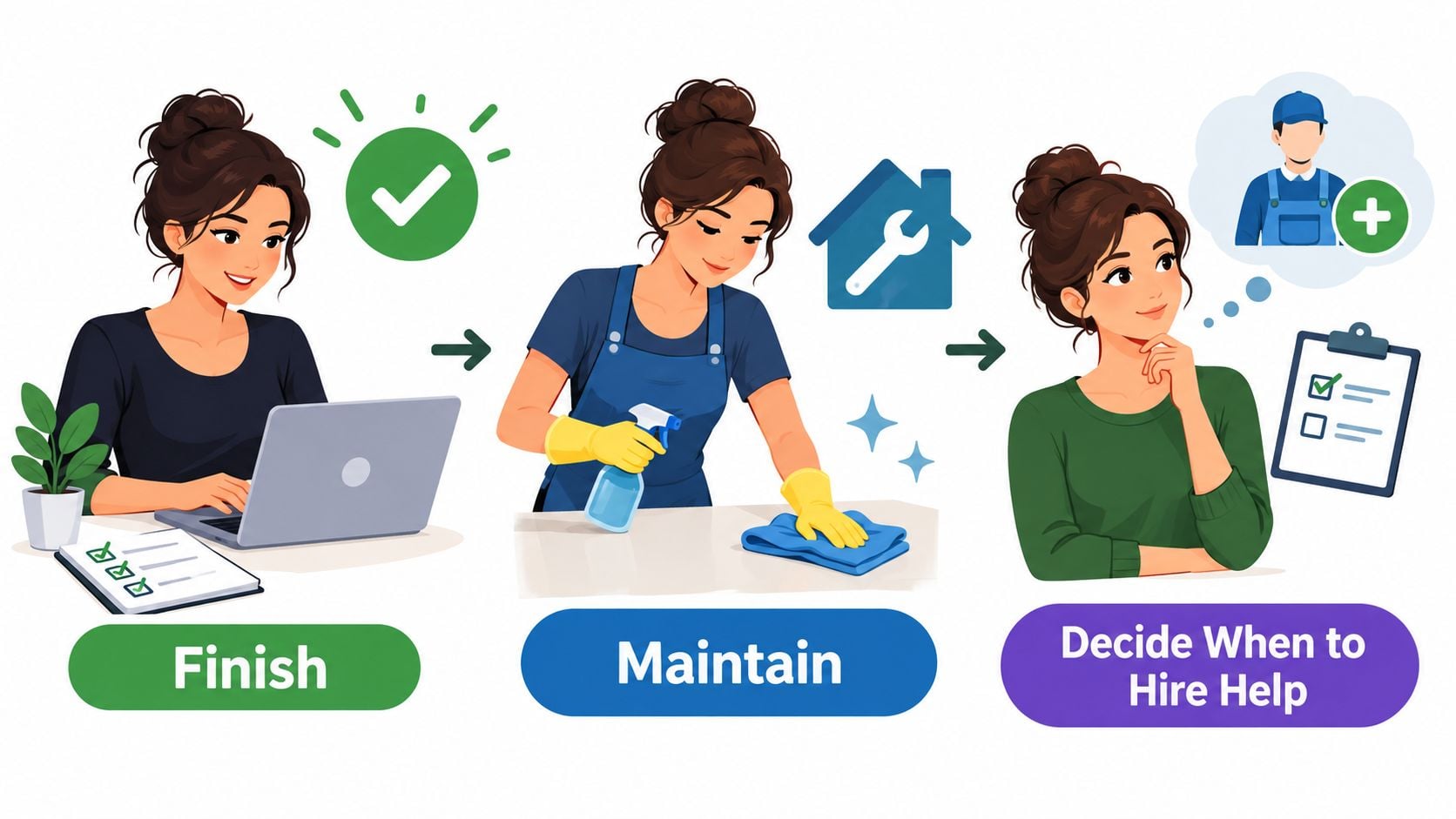 A woman illustrates a three-step home care process: finishing, maintaining, and deciding when to hire help.