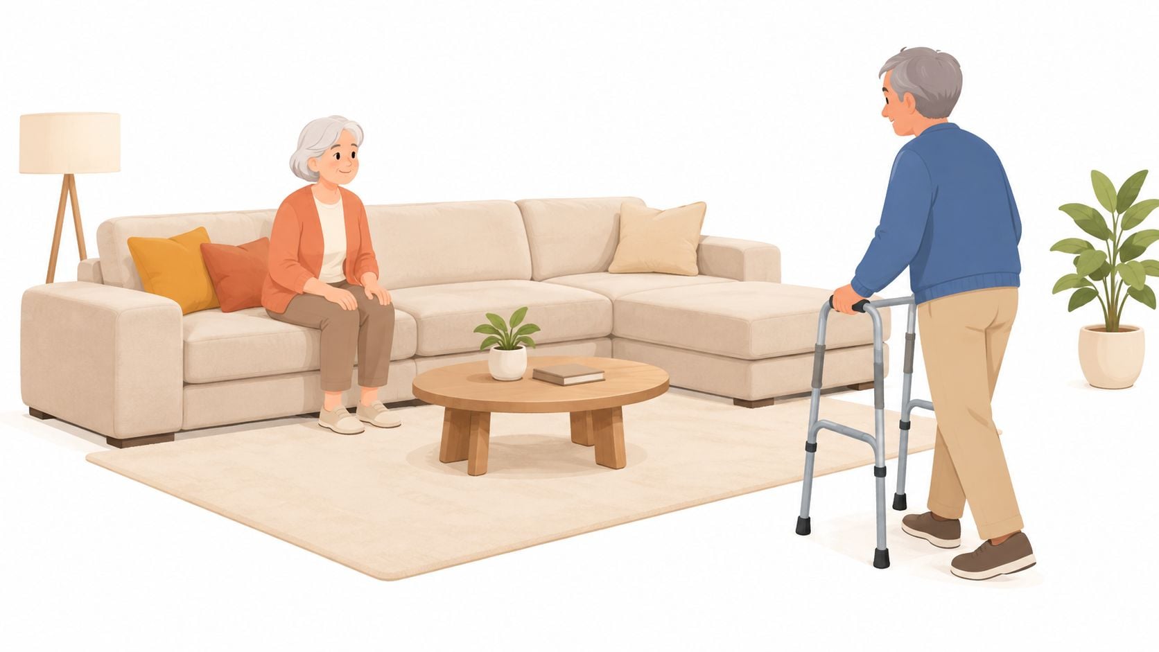 An elderly couple in a living room with the man using a walker near a sectional sofa