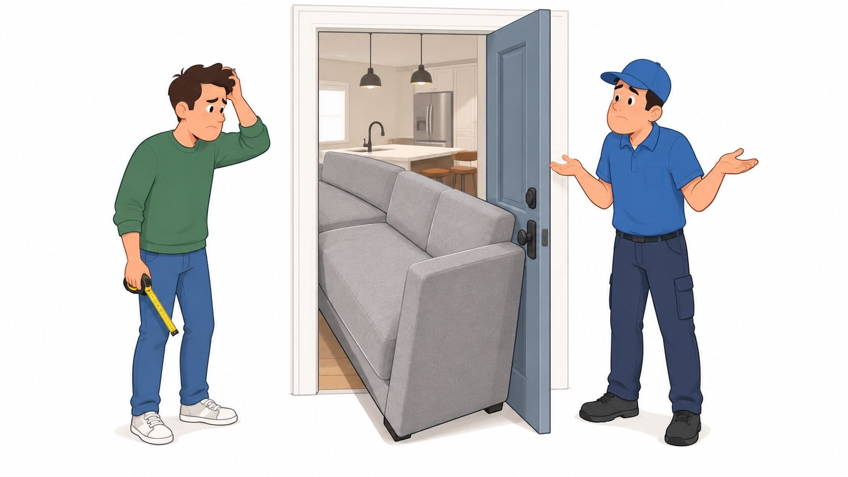 A man looking confused with a tape measure while a delivery driver shrugs at a sofa stuck in a doorway.