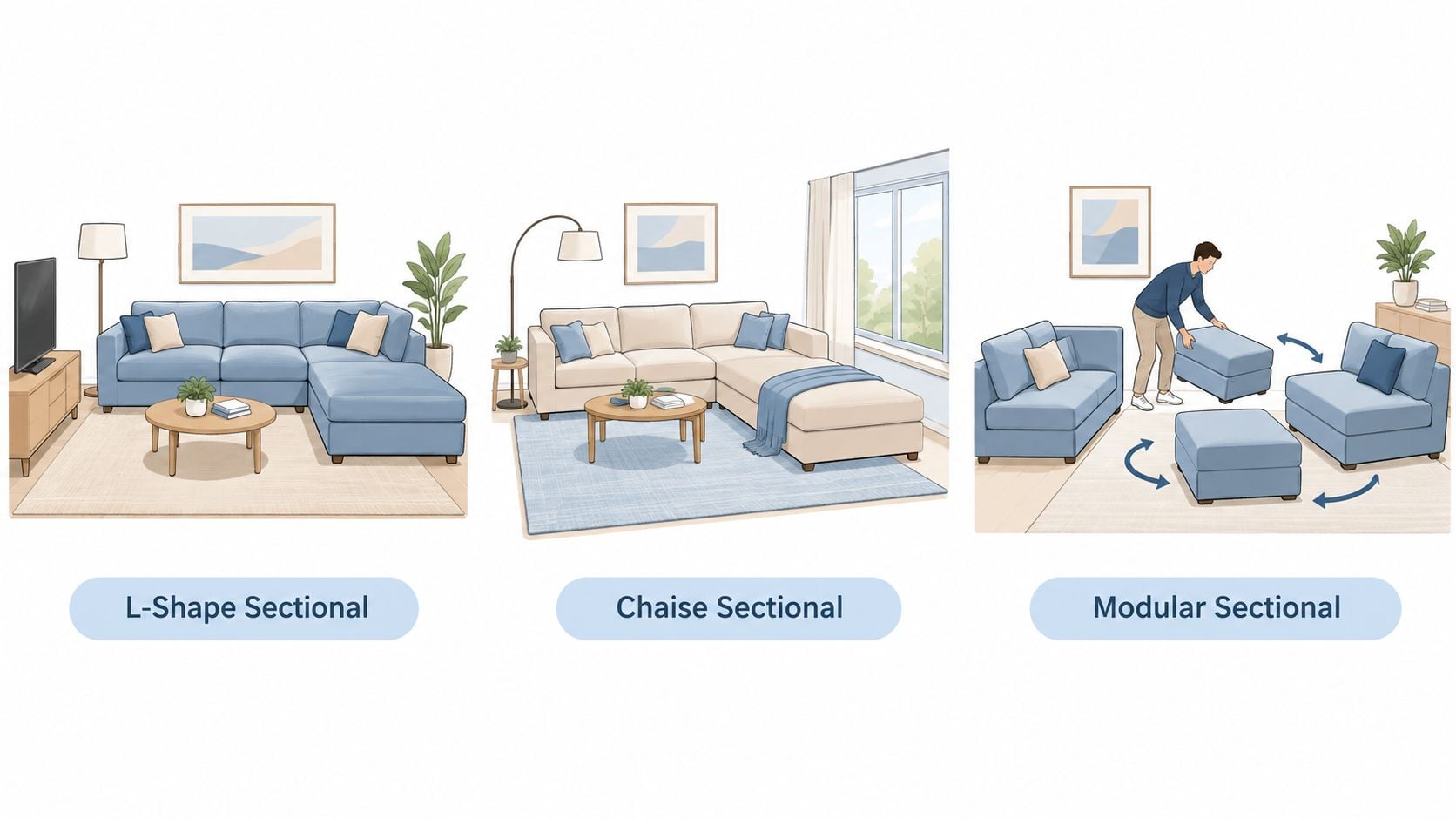 A diagram illustrating three types of living room seating: L-shape sectional, chaise sectional, and modular sectional sofa.